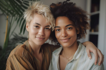 International generative ai lesbian couple practicing mindfulness meditation and wellness at home. Mental health activities in the lgbtq+ community.
