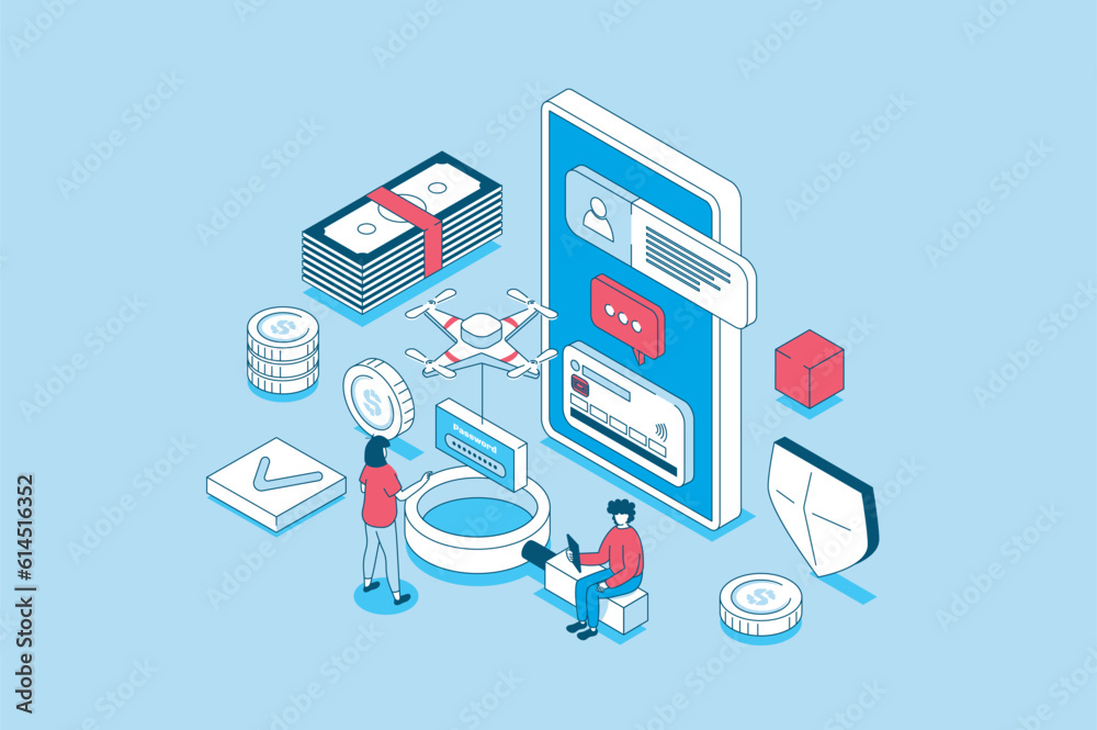 Aufkleber Mobile wallet app concept in 3d isometric design. People managing and controlling financial accounts and credit cards at online banking service. Vector illustration with isometry scene for web graphic