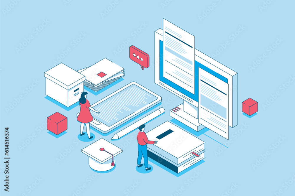 Aufkleber Modern education concept in 3d isometric design. People learning at digital classroom, reading e-books, watching webinars and video lectures. Vector illustration with isometry scene for web graphic