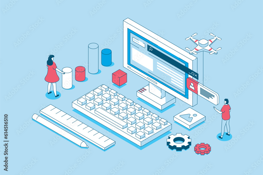 Poster Programming concept in 3d isometric design. People working with code or script, creating software, prototyping and making optimization programs. Vector illustration with isometry scene for web graphic