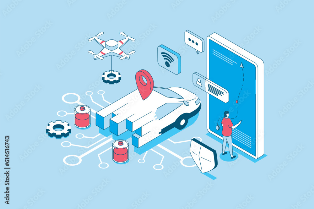 Aufkleber Smart car concept in 3d isometric design. People managing of autonomous automobile with smartphone app, using online navigation map service. Vector illustration with isometry scene for web graphic