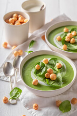 Healthy spinach soup served in white bowl.
