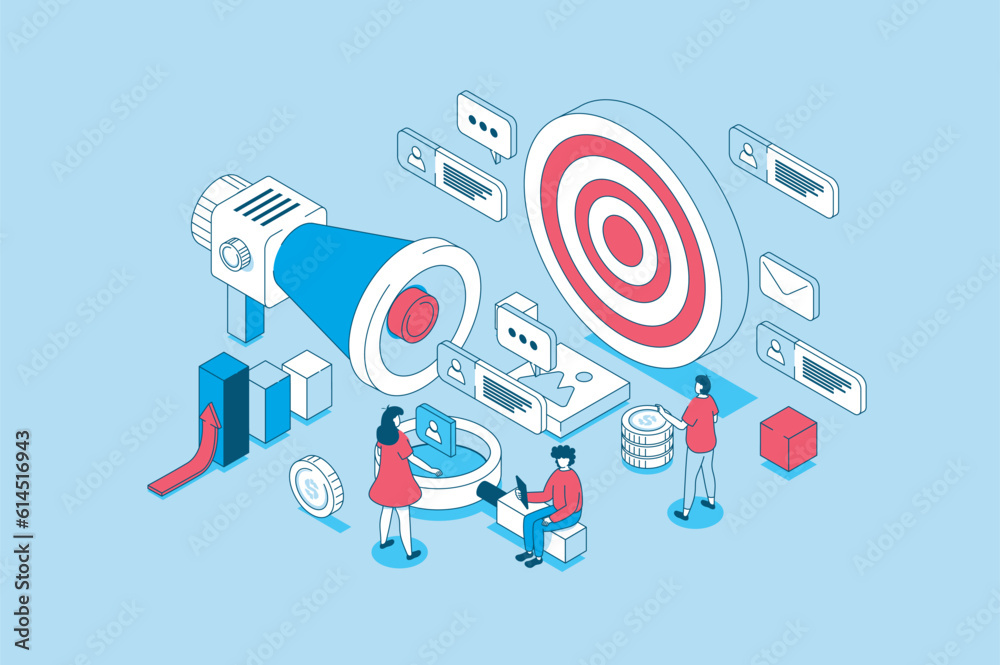 Aufkleber target audience concept in 3d isometric design. people study market and customer trends, create adve