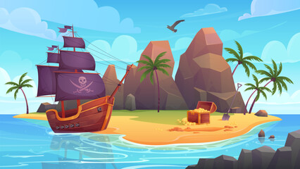 Cartoon marine adventure background or poster with corsair theme, wooden boat with cannons in search of gold. Pirate island with ship and treasure chest on sea or ocean beach vector illustration