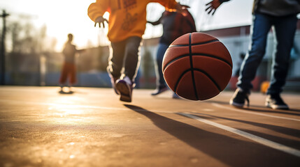Children playing basketball on the court.Created with Generative AI technology.
