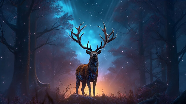 fantastic landscape lone deer fantasy style. dream fairy tale magic art. Generative AI