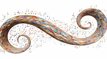 audio idea. musical background, multicolored notes on a musical stand on a white background a whirlwind of color and sound Generative AI