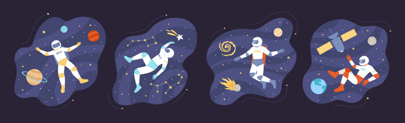 Astronauts floating in space in different poses set vector illustration. Cartoon spaceman in helmet and spacesuit flying between satellite and planets of solar system, shooting star and asteroid © Flash Vector