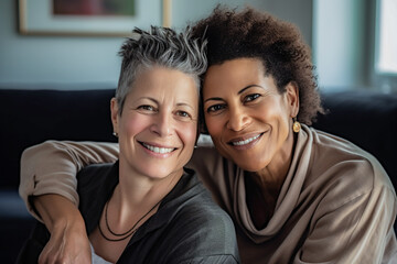 International senior generative ai lesbian couple practicing mindfulness meditation and wellness at home. Mental health activity. LGBTQ community.
