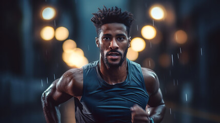 An athletic man is doing a cardio workout in the city.Created with Generative AI technology. - obrazy, fototapety, plakaty
