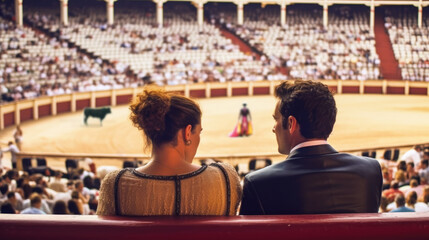 Travelers tourist Watching a bullfigh spectacle corrida de toros. Couple tourist at Plaza de Toros bullfighting arena in Spain generative AI - obrazy, fototapety, plakaty