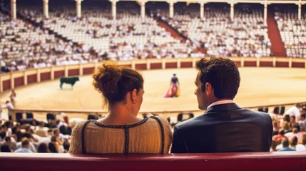 Muurstickers Travelers tourist Watching a bullfigh spectacle corrida de toros. Couple tourist at Plaza de Toros bullfighting arena in Spain generative AI © angellodeco