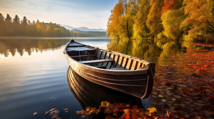 Wooden boat on the shore of a beautiful lake in the autumn. Created with Generative AI technology.