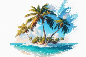 Tropical bright colorful background with exotic painted tropical palm leaves and beach ai generative