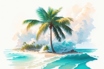 Fototapeta na wymiar Tropical bright colorful background with exotic painted tropical palm leaves and beach ai generative
