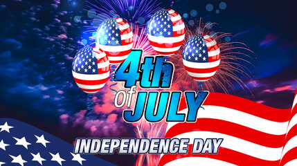 4th of July. Fourth of July Banner. Happy Independence Day Vector Design. 4th of July Vector Card or Banner with USA Flag Balloons.