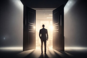 Vision in Business Concept. Rear view of a businessman standing facing bright light gate from dark room ai generative