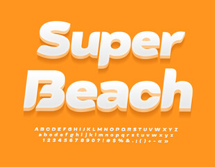 Vector travel poster Super Beach. Creative White Font. Modern 3D Alphabet Letters and Numbers set