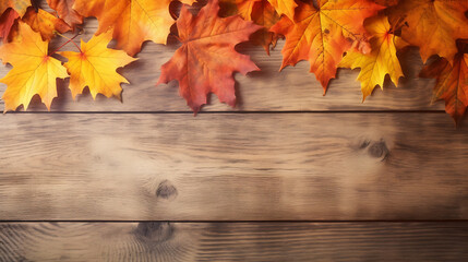 Naklejka na ściany i meble Autumn leaves over wooden background with copy space.Created with Generative AI technology.
