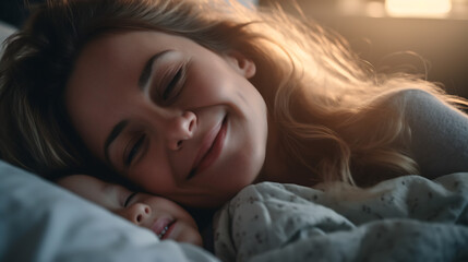 Happy young mother and her son sleeping peacefully in bed.Created with Generative AI technology.