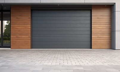 modern garage with sectional door in front created with Generative AI technology. - obrazy, fototapety, plakaty
