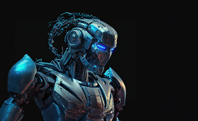 A robot with a blue-tinted metallic finish, performing various tasks and showcasing advanced artificial intelligence capabilities. Generative Ai