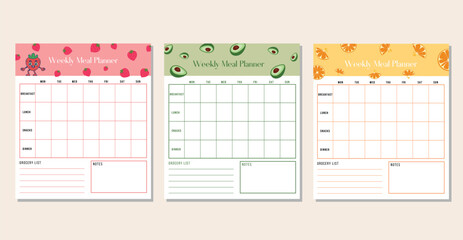 Set of 3 weekly meal planners and shopping grocery list, breakfast, lunch, dinner. Weekly template menu. Printable and digital planner
