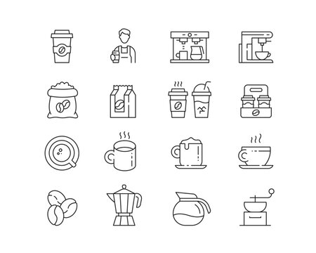 Coffee Shop Icon collection containing 16 editable stroke icons. Perfect for logos, stats and infographics. Edit the thickness of the line in Adobe Illustrator (or any vector capable app).