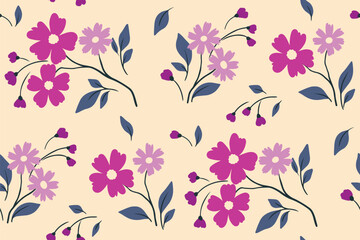 Fototapeta na wymiar Seamless floral pattern, graphic retro style ditsy print of blooming branches. Cute botanical fabric, paper design: hand drawn branches, small flowers, leaves on light background. Vector illustration.