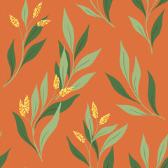 Fototapeta na wymiar Seamless floral pattern, elegant autumn print with drawing of wild plants. Beautiful botanical design of fabric, paper: hand drawn branches with small flowers tassels, leaves. Vector illustration.