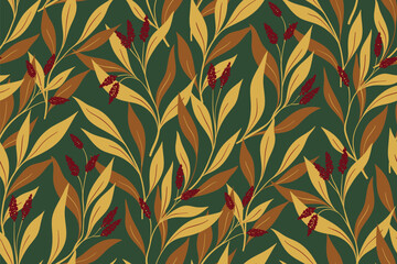 Seamless floral pattern, vintage botanical print with wild plants. Elegant fabric, paper design: hand drawn twigs, small flowers tassels, brown leaves on a green background. Vector illustration.