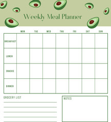 Weekly meal planner and shopping grocery list, breakfast, lunch, dinner. Weekly template menu. Printable and digital planner
