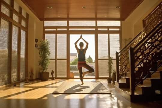 Young woman practicing yoga at home, AI Generative