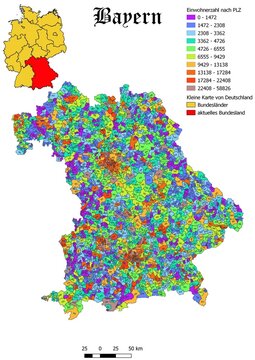 Federal state Bayern population by postal code map with Germany map 