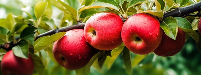 Red apples on apple fruit tree branches