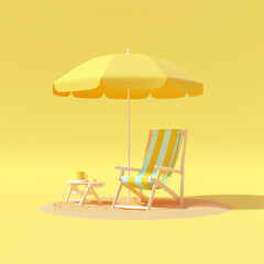 Beach chair and umbrella on sunny day during summer vacation on yellow background. 3d rendering
