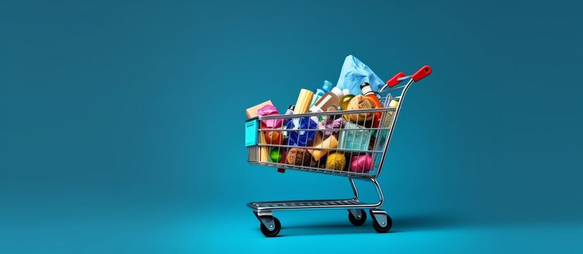 Shopping cart full of garbage on blue background with copy space