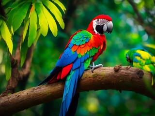 Obraz premium An upclose look at a vibrant parrot perched on a tree in a forest