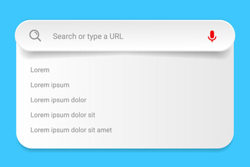Search Bar with suggestions for UI UX design and web site. Search Address and navigation bar icon. Collection of search form templates for websites. Search engine web browser window template.