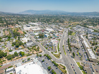 Yorba Linda, California - June 17, 2023: aerial drone photo view toward Village Green Shopping...