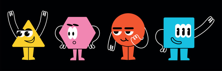 Set of Various bright basic Geometric Figures with face emotions, hands and legs. Different shapes. Vector illustration for kids isolated on background. Cute funny characters.