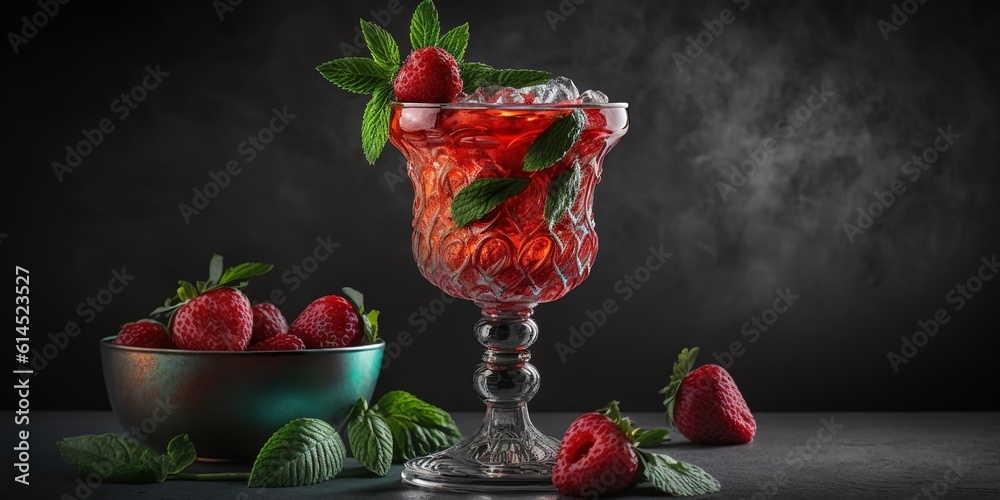 Wall mural image depicting a bar idea, the strawberry drink is in sharp focus against a dark grey background.