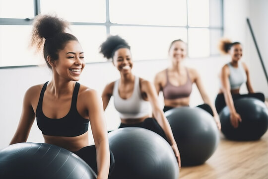 A group of happy, smiling mix race women practice pilates in the gym
