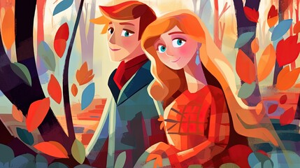 art illustration cute couple cuddle while walking in autumn woods, Generative Ai