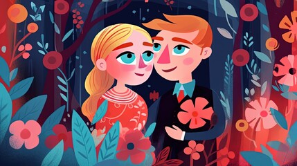 Fototapeta premium cute cartoon of lover cuddle in summer garden, summer holiday mood, Generative Ai