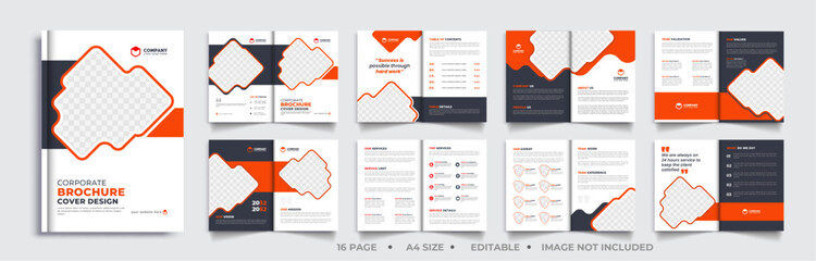 16 Page company profile brochure layout design, multipage minimal business brochure template design, annual report, template.