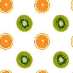 pattern of a illustration of a kiwi and orange fruit. Lines art tropical kiwi fruit