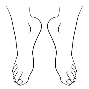 Two barefoot human feet standing on tiptoes. Black and white linear silhouette.