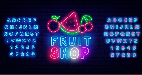 Fruit shop neon signboard. Apple, watermelon and cherry. Shiny turquoise alphabet. Vector stock illustration