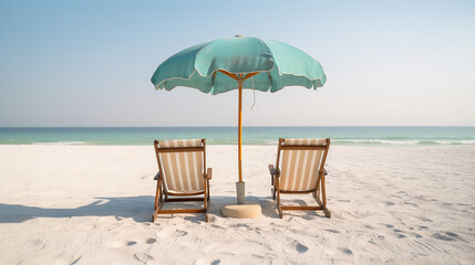 Beach chairs and an umbrella on a white sand beach